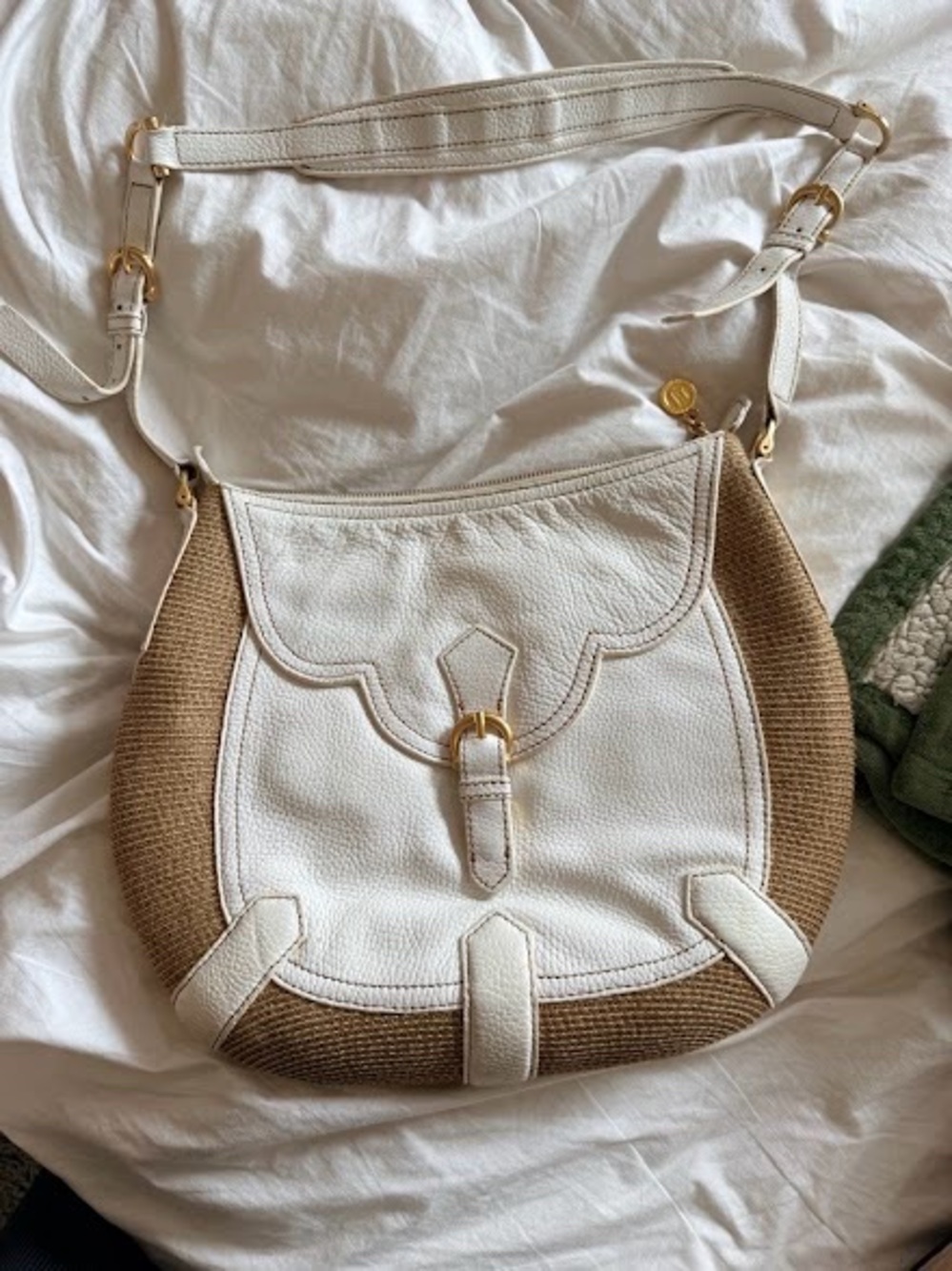 #EricJavits White leather and Tan raffia#Crossbody Shoulder Bag